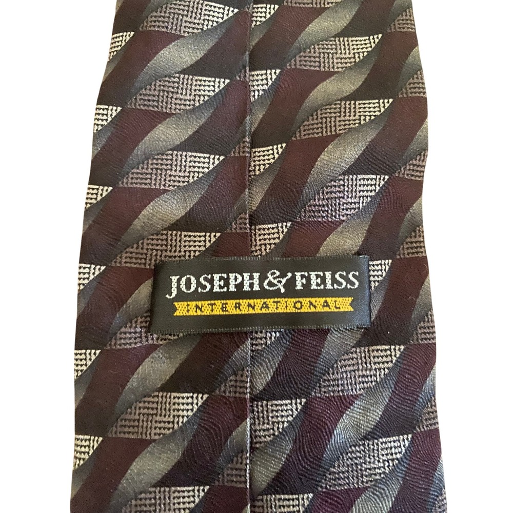 Joseph & Feiss International Mens Silk Tie Burgundy Silver Grey Geometric Wavy
